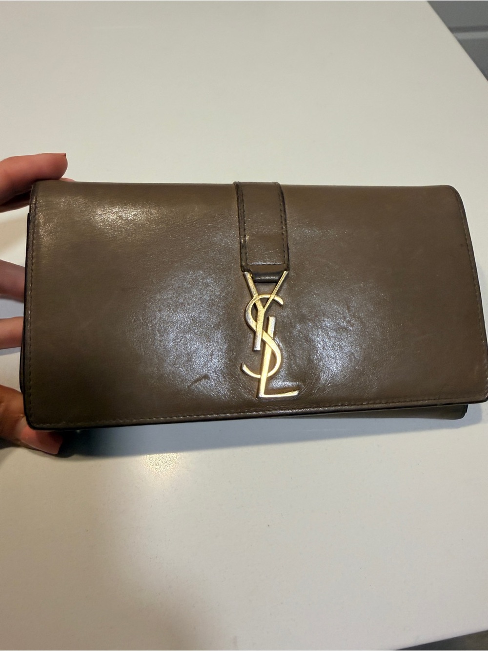 Authentic Saint Laurent YSL Cassandre Taupe Leather Continental Wallet